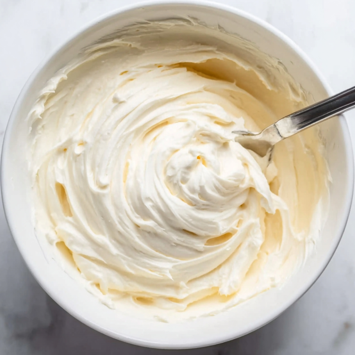 Easy Sunshine Citrus Cake Recipe 11 Rich and fluffy cream cheese frosting swirled in a white mixing bowl with a spoon, ready for layering and decorating a citrus cake.