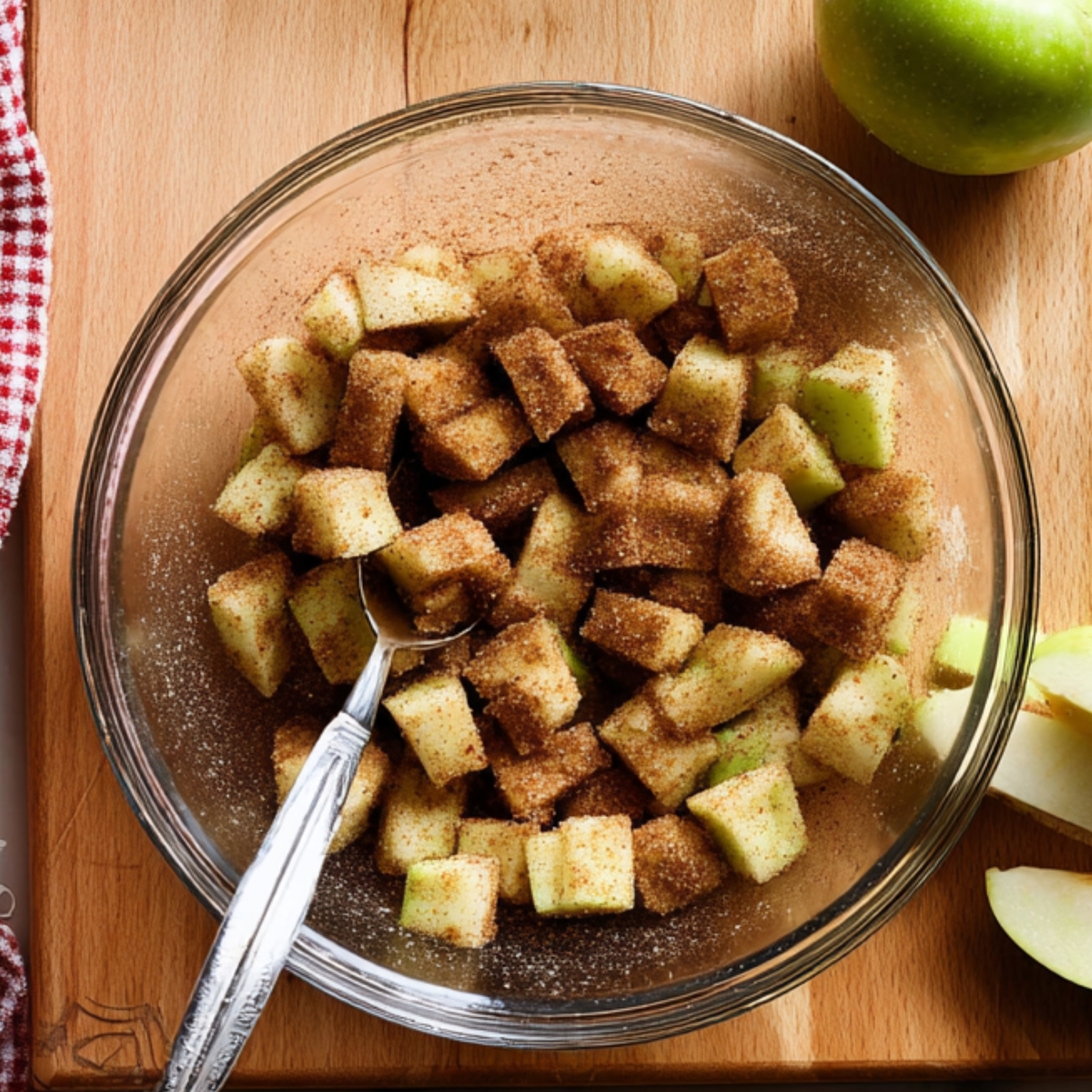 Apple Cinnamon Quick Bread Recipe 10 Diced green apples coated in cinnamon and brown sugar in a glass mixing bowl with a spoon, prepared as filling for apple cinnamon bread.