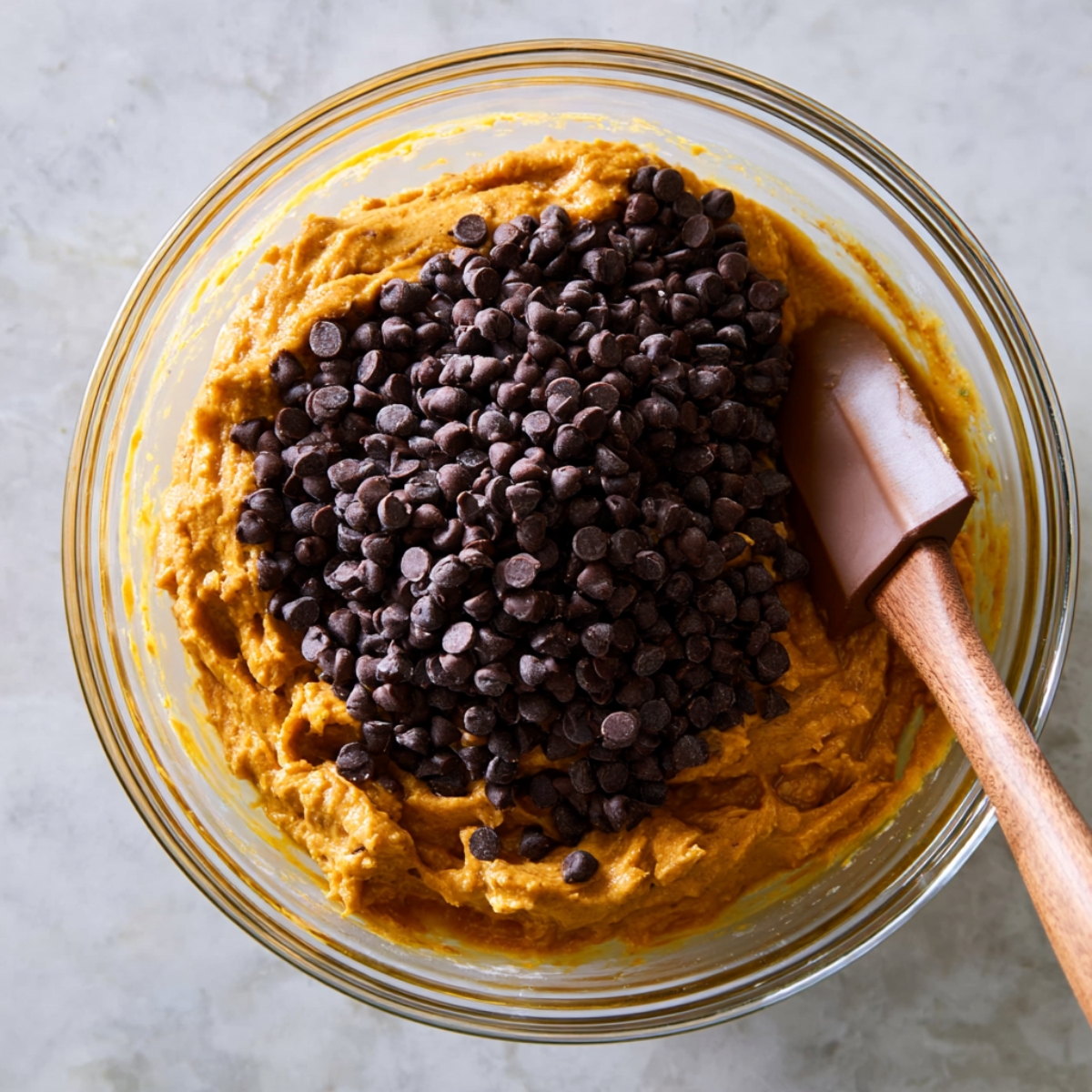 Pumpkin Chocolate Chip Bread Recipe 10 Glass bowl filled with pumpkin bread batter and chocolate chips, with a spatula resting inside before mixing.