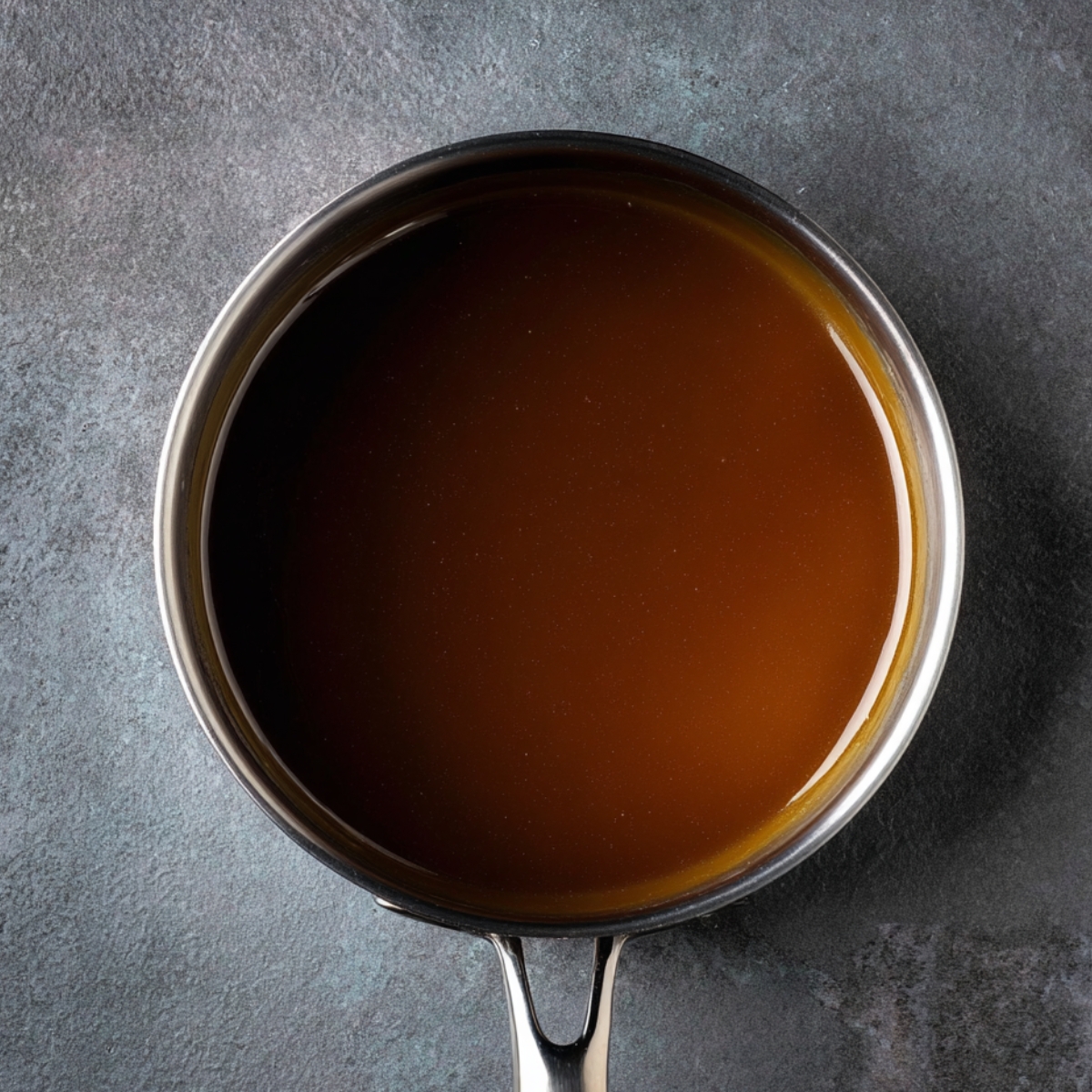 Easy Salted Caramel Cupcakes Recipe 10 Overhead view of a stainless steel saucepan filled with smooth, glossy homemade salted caramel sauce on a dark textured surface.
