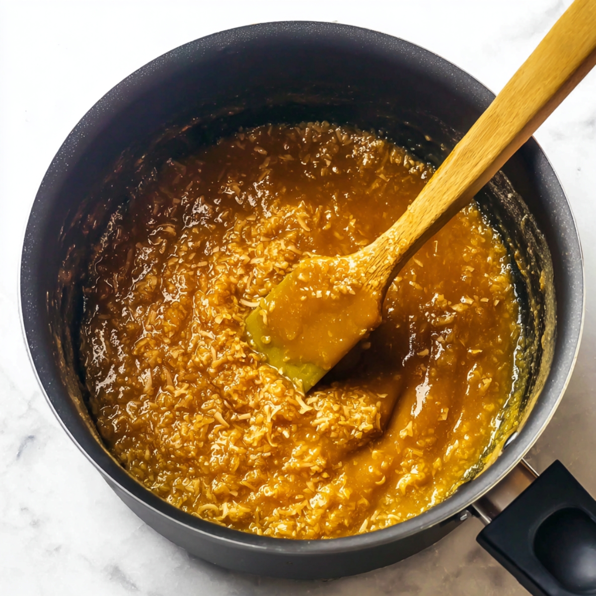 Easy Samoa Cookie Cake Recipe 11 Homemade coconut caramel mixture cooking in a saucepan, stirred with a spatula, showing a thick golden caramel texture with toasted coconut flakes.