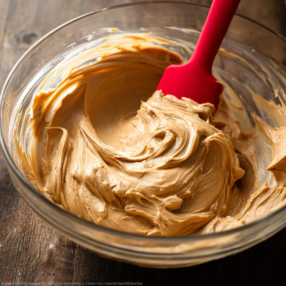Espresso Chocolate Chip Cake 11 Chocolate coffee buttercream frosting being mixed in a glass bowl with a red silicone spatula, creamy smooth texture, rustic wooden table background, close-up baking preparation scene.