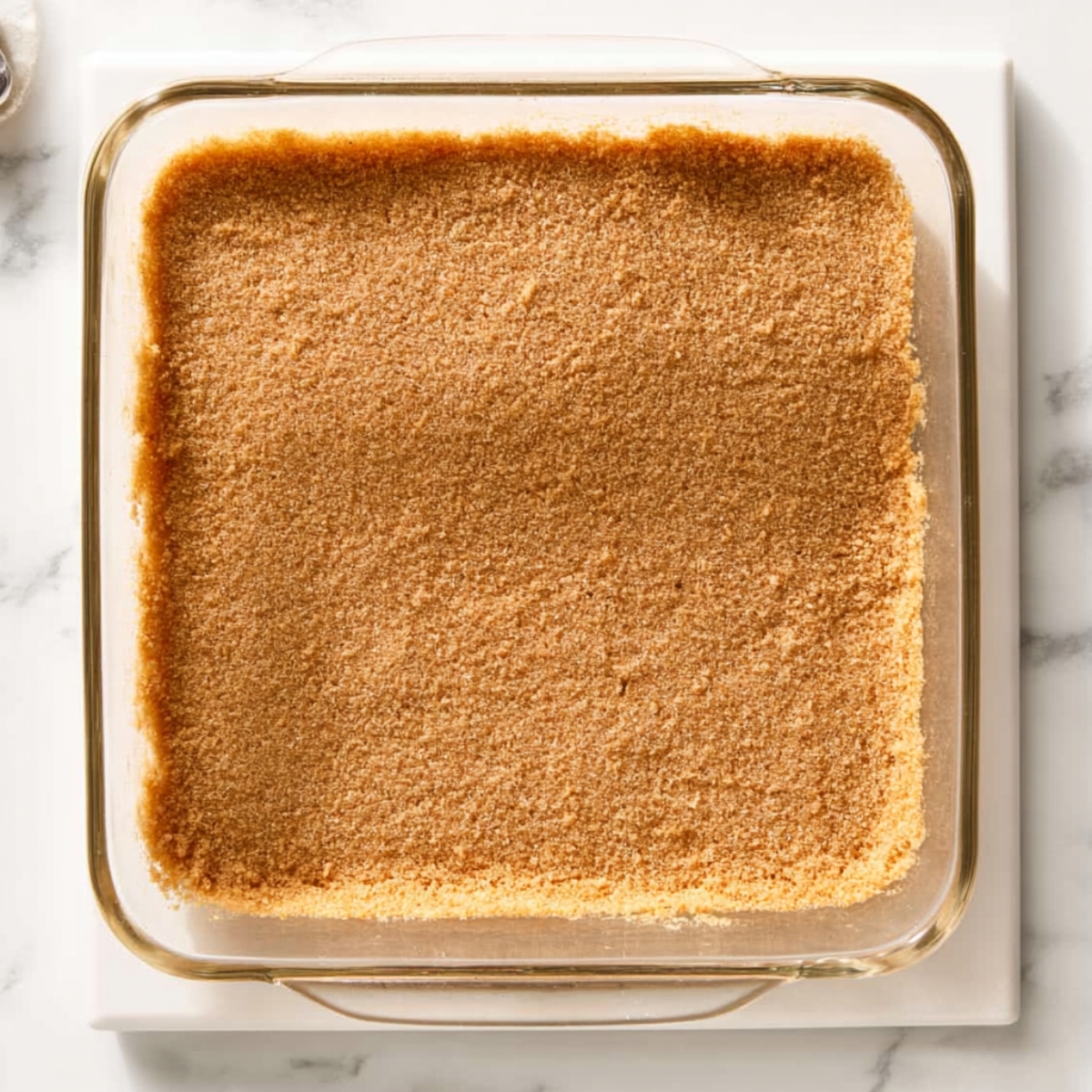 The Best Butterscotch Lush Recipe 10 Overhead view of a graham cracker crust pressed evenly into a square glass baking dish, creating the base layer for a homemade butterscotch lush dessert.