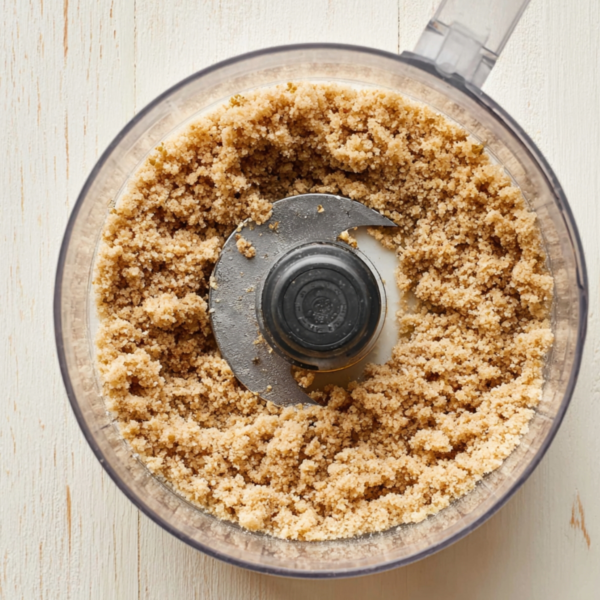 Easy Peach Pie Crumb Bars Recipe 10 Buttery oat crumble mixture blended in a food processor, showing a coarse crumb texture for peach crumb bars viewed from above.