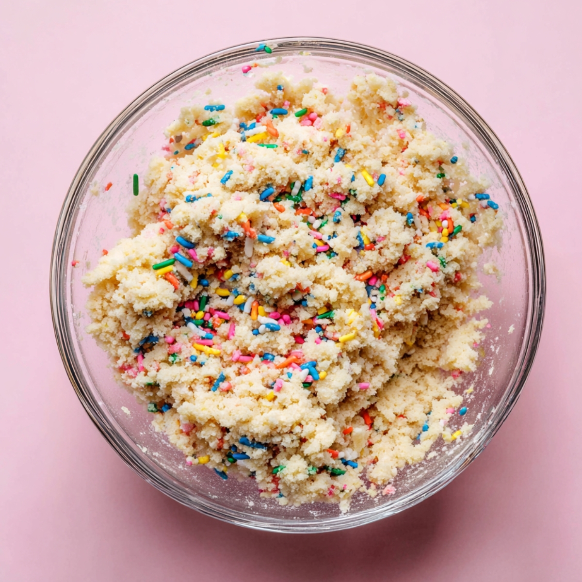 Birthday Cake Cinnamon Rolls Recipe 10 Birthday cake crumble filling with colorful rainbow sprinkles in a clear glass bowl on a pastel pink background, crumbly sweet texture, playful dessert preparation aesthetic.
