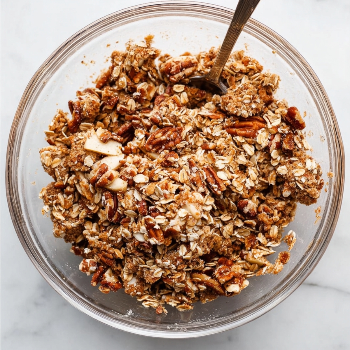Easy Homemade Baked Apples Recipe 10 Top-down shot of a homemade apple filling mixture made with rolled oats, chopped pecans, brown sugar, cinnamon, and butter in a glass bowl with a spoon, ready for baked apples.