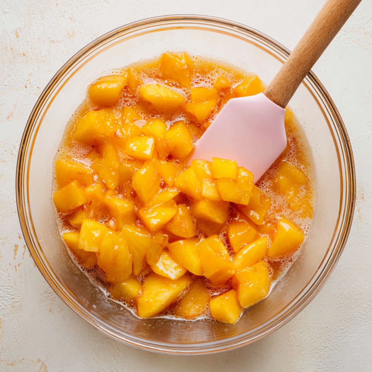 Easy Peach Pie Crumb Bars Recipe 11 Fresh diced peaches mixed in a sweet syrup filling inside a clear glass bowl, stirred with a pink silicone spatula on a light textured surface.
