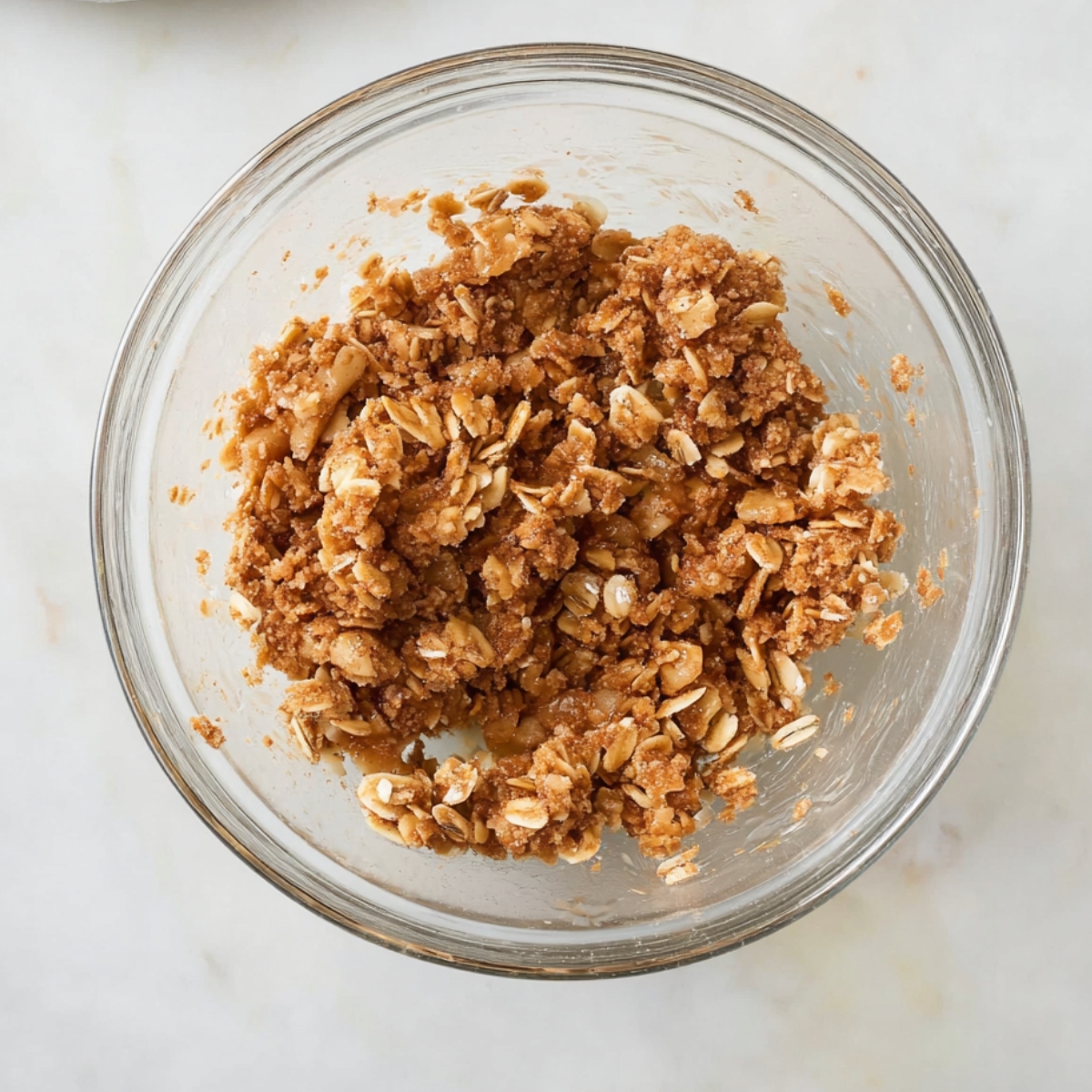 Easy Apple Oatmeal Muffins Recipe 11 Apple oatmeal streusel topping mixture in a glass bowl, made with rolled oats, brown sugar, and butter, photographed from above on a light marble surface.