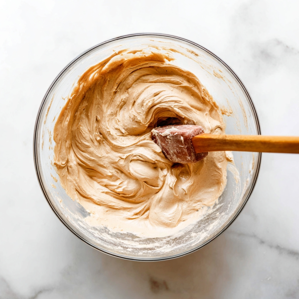 The Best Tiramisu Crepe Cake Recipe 10 Overhead shot of creamy tiramisu filling being mixed in a glass bowl with a spatula, showing smooth coffee-mascarpone swirls on a clean marble surface.