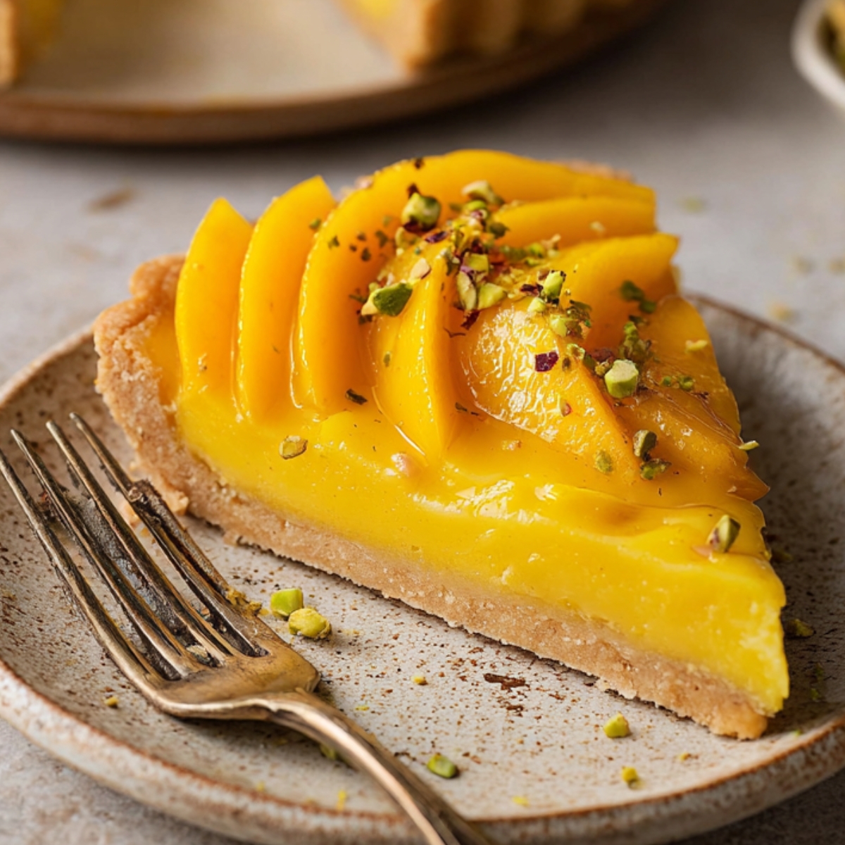 Slice of Mango Curd Tart topped with fresh mango slices and chopped pistachios on a rustic ceramic plate, featuring a buttery crust, creamy golden filling, and vintage dessert fork.