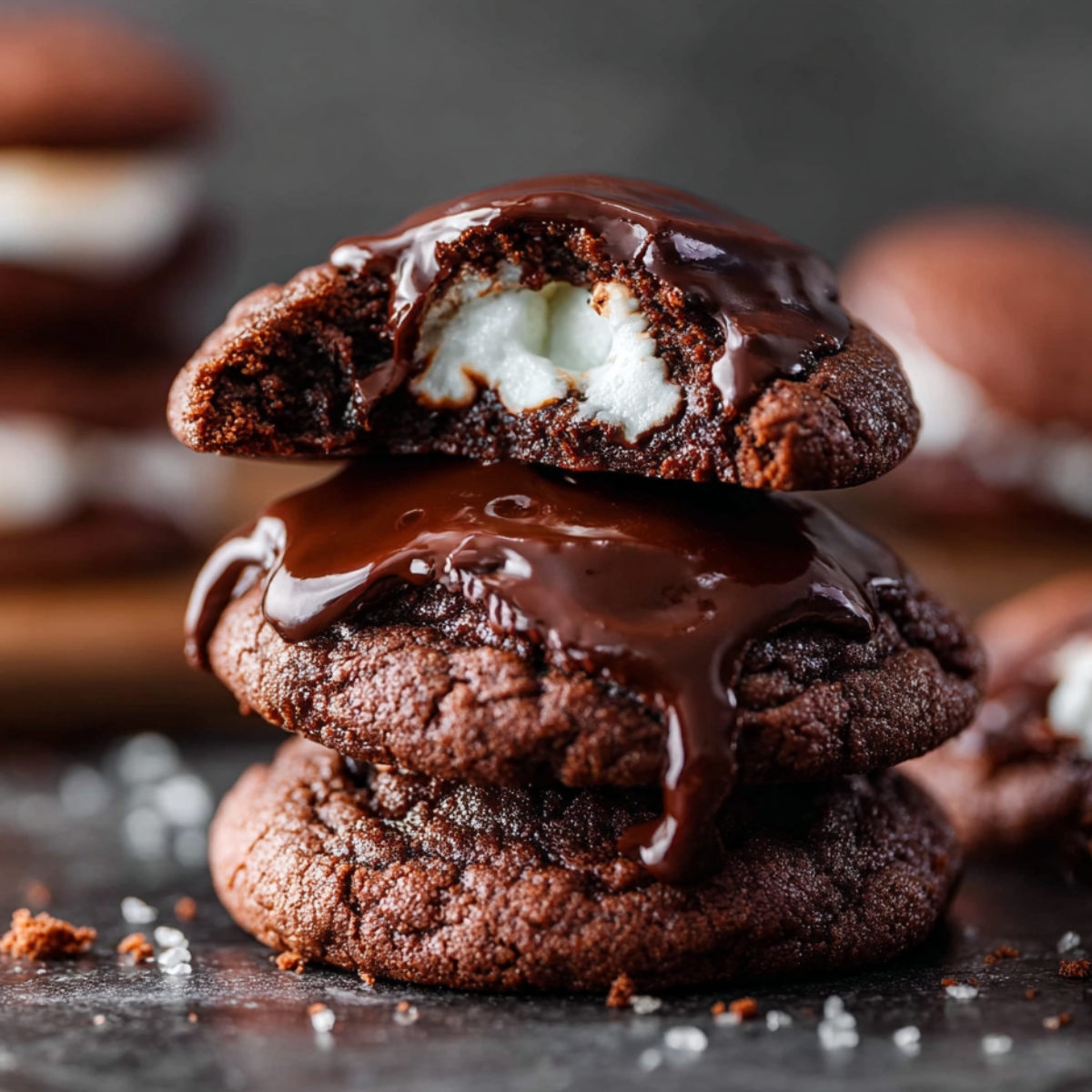 Stack of fudgy Marshmallow-Surprise Hot Cocoa Cookies topped with glossy chocolate glaze, featuring a gooey marshmallow center and scattered cookie crumbs on a dark surface.