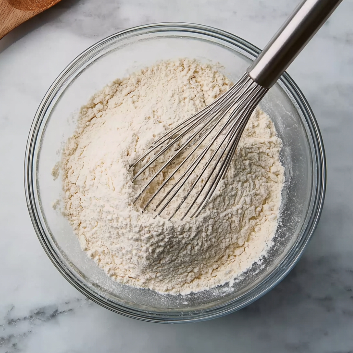 The Best Waffles Recipe 10 Glass mixing bowl filled with flour and dry waffle ingredients with a metal whisk, top-down homemade baking scene on a marble surface, clean and cozy kitchen photography.