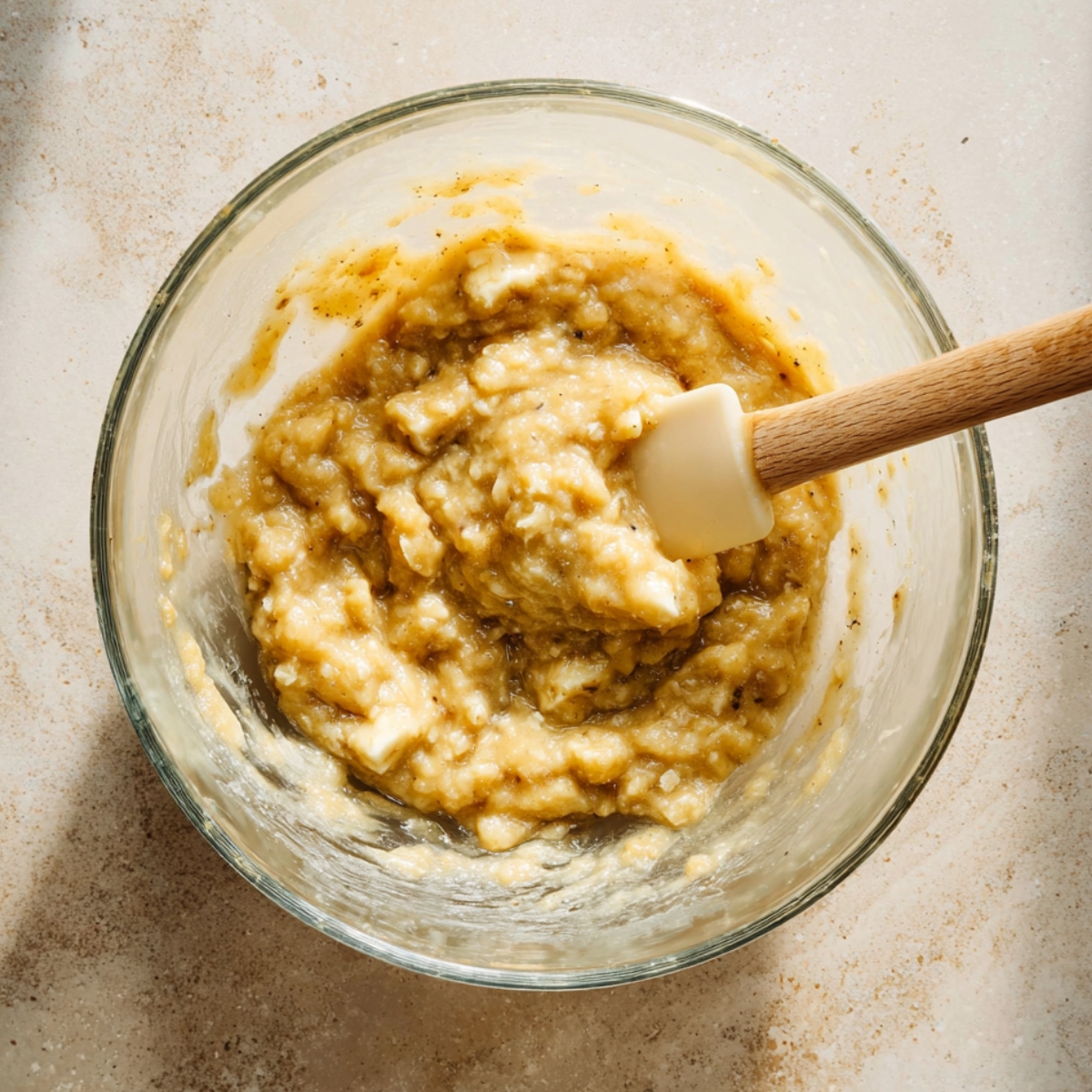 Easy Banana Bars with Chocolate Chips 10 Mashed bananas mixed with wet ingredients in a glass bowl, with a spatula stirring the chunky banana mixture.