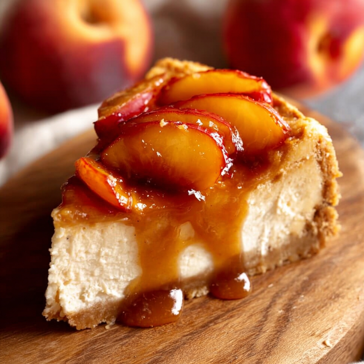 The Best Peach Cheesecake Recipe 9 Slice of peach cheesecake topped with glossy caramelized peach slices and rich peach sauce, served on a wooden board with fresh peaches in the background.