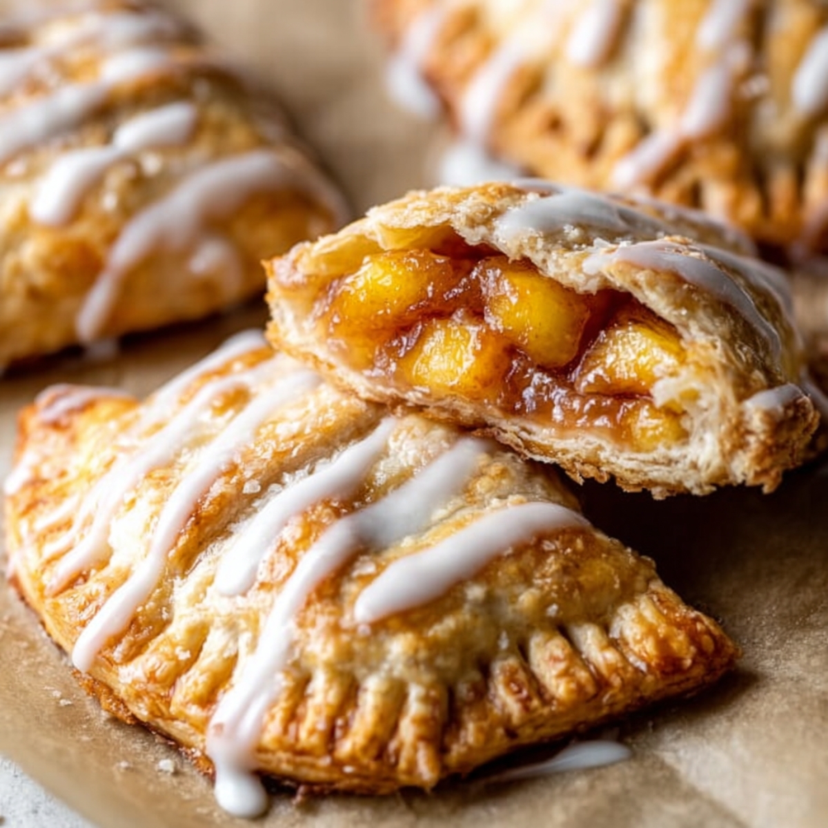 Golden-brown Peach Hand Pies drizzled with vanilla glaze, featuring flaky pastry and juicy peach filling, perfect for a homemade summer dessert.