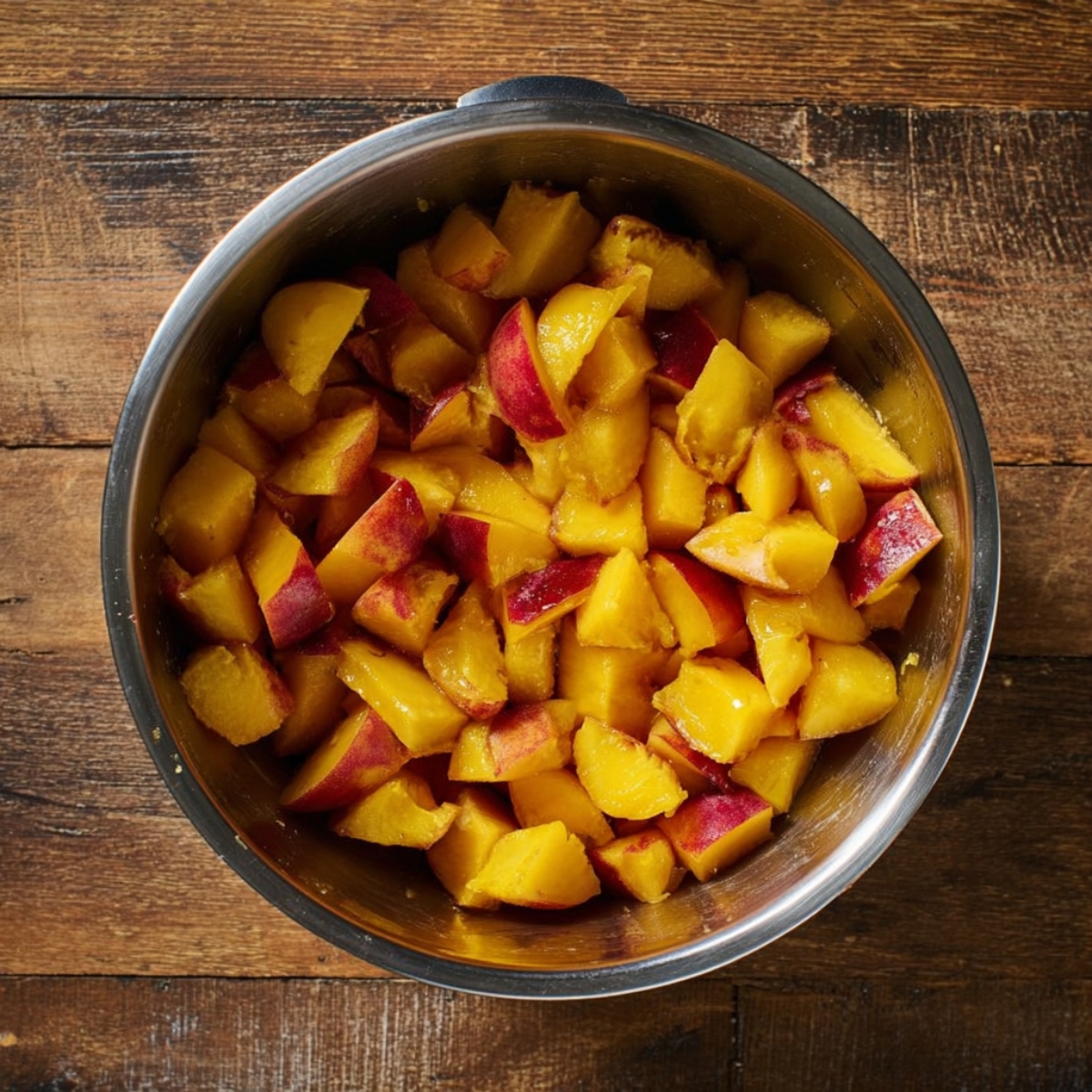 Easy Peach Hand Pies Recipe 11 Fresh diced peaches in a stainless steel mixing bowl on a rustic wooden table, prepared for homemade peach hand pies and summer baking recipes.