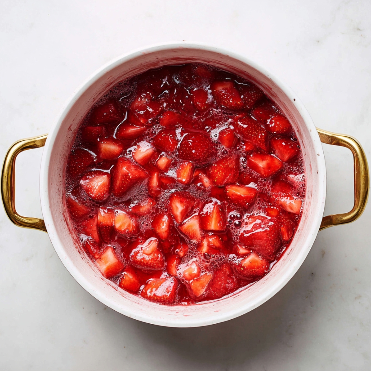 The Best Strawberry Sundaes Recipe 10 Chopped fresh strawberries cooking in a white saucepan with gold handles, releasing juices to create a sweet homemade strawberry compote on a white marble surface.