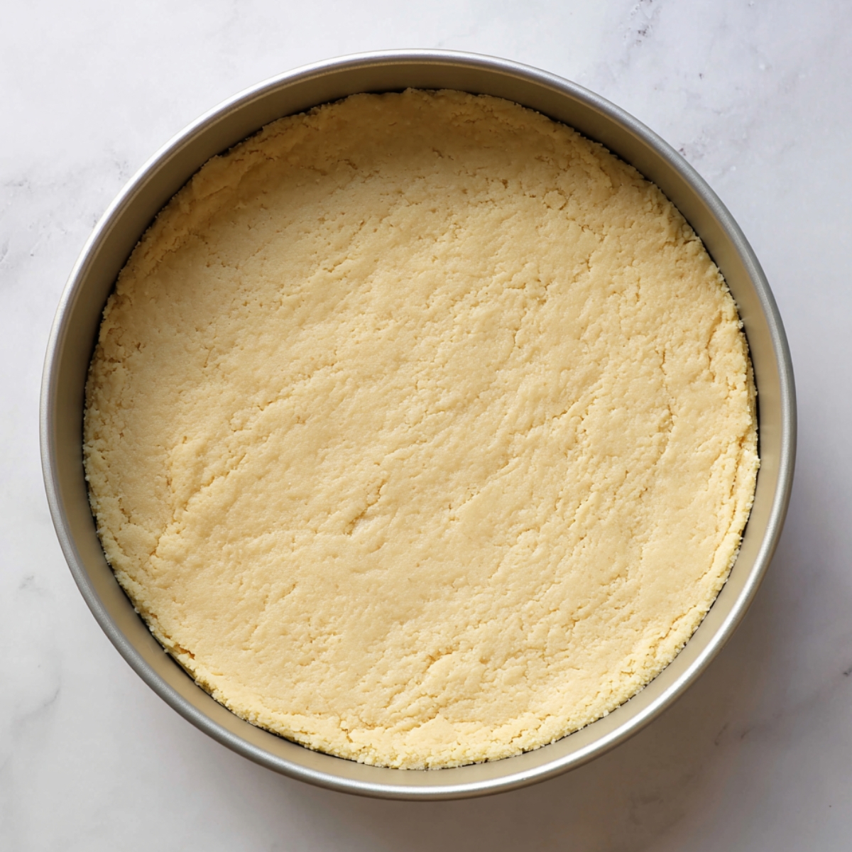 Easy Samoa Cookie Cake Recipe 10 Round cake pan filled with pressed sugar cookie dough, evenly spread and ready for baking on a light marble countertop.