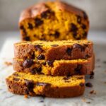 Freshly baked Pumpkin Chocolate Chip Bread sliced on a marble countertop, showing a moist orange crumb studded with melted chocolate chips.