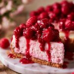 Slice of raspberry cheesecake topped with fresh raspberry compote, featuring a creamy pink filling, graham cracker crust, and vibrant berry sauce dripping down the sides.