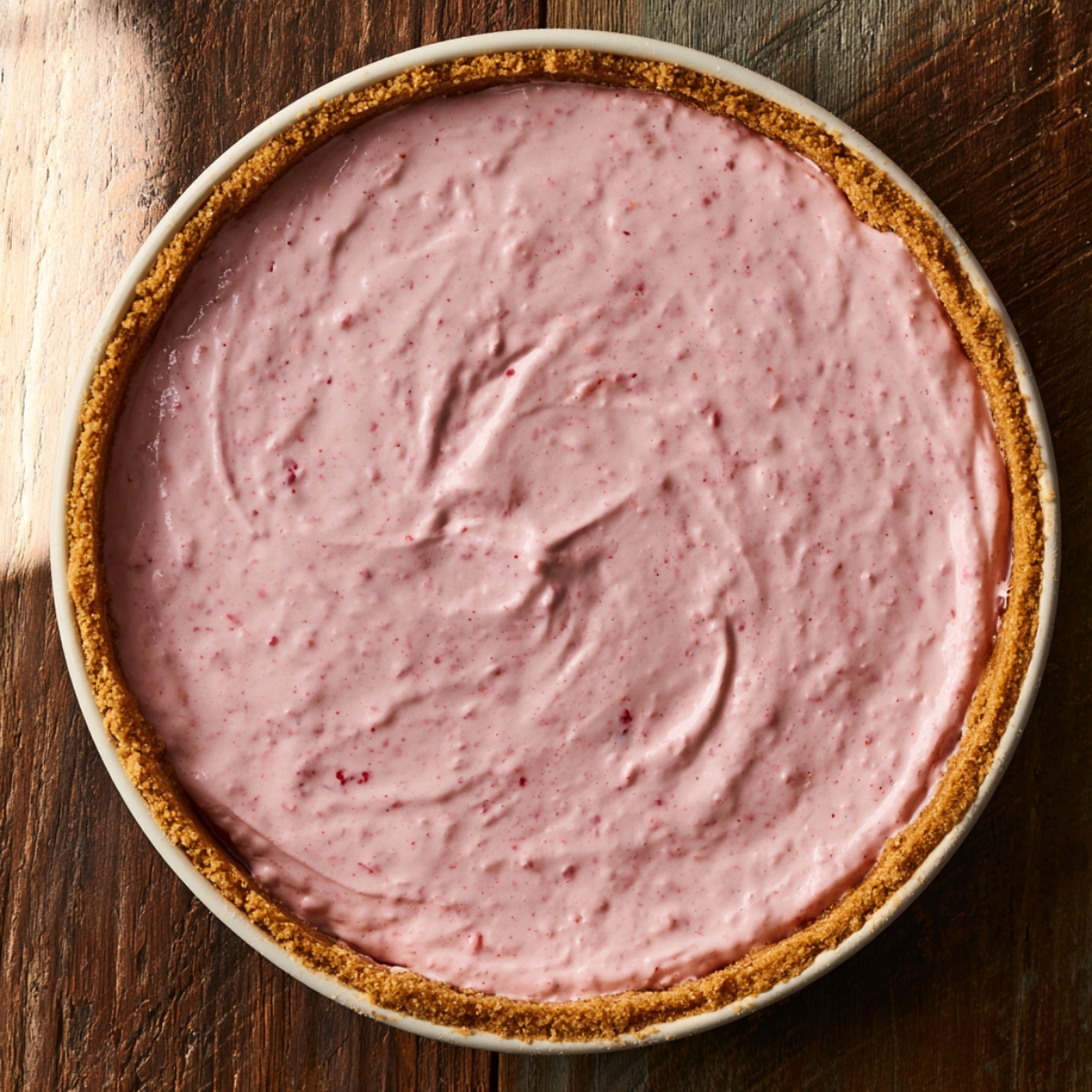 Easy Raspberry Cheesecake Recipe 10 Overhead view of creamy pink raspberry cheesecake filling spread inside a graham cracker crust, ready for baking on a wooden surface.