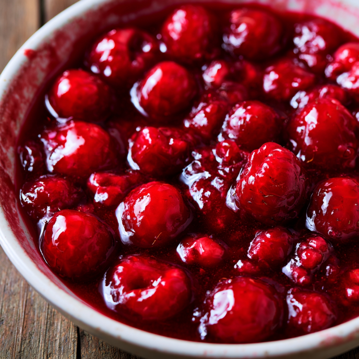 Easy Raspberry Cheesecake Recipe 11 Homemade raspberry sauce in a white bowl, filled with glossy whole raspberries and rich ruby-red berry compote on a rustic wooden table.
