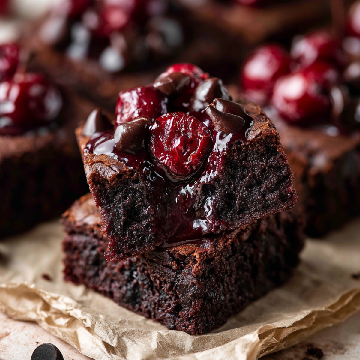 Roasted Chocolate Cherry Brownies 9 Stacked fudgy chocolate cherry brownies topped with glossy roasted cherries and melted chocolate chips, featuring a rich gooey center and cherry compote dripping over the sides on parchment paper.