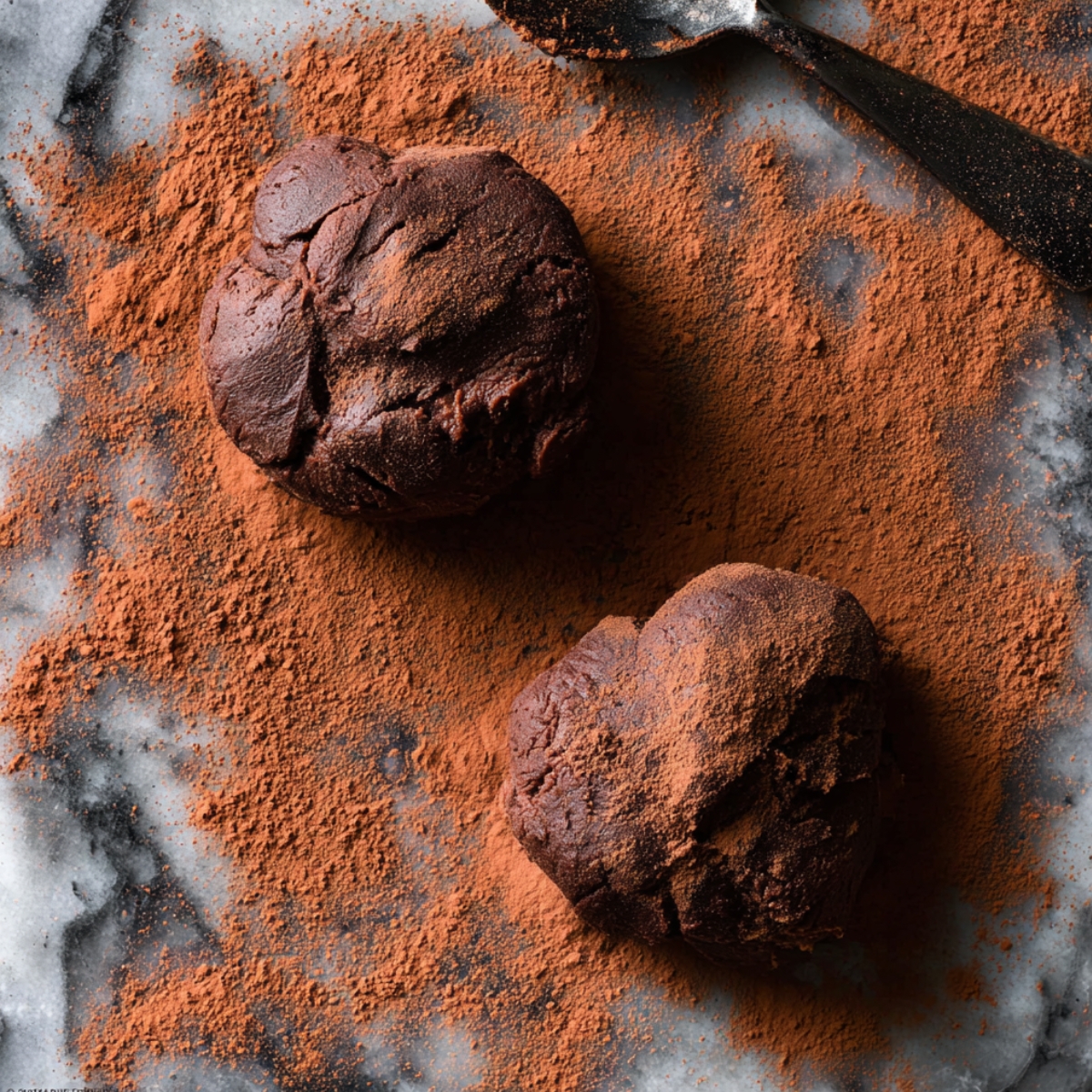Homemade Thin Mint Cookies Recipe 10 Two portions of rich chocolate cookie dough resting on a marble surface dusted with cocoa powder, ready for chilling before baking.