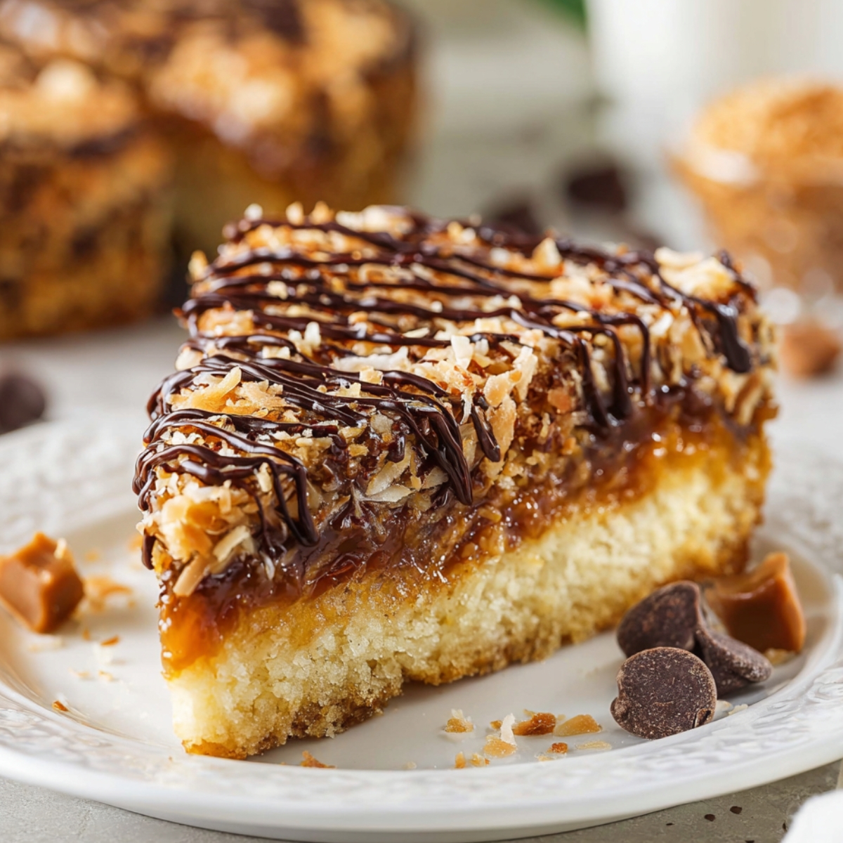 Slice of Samoa Cookie Cake topped with toasted coconut caramel and chocolate drizzle, featuring a soft cookie base and gooey caramel layer.