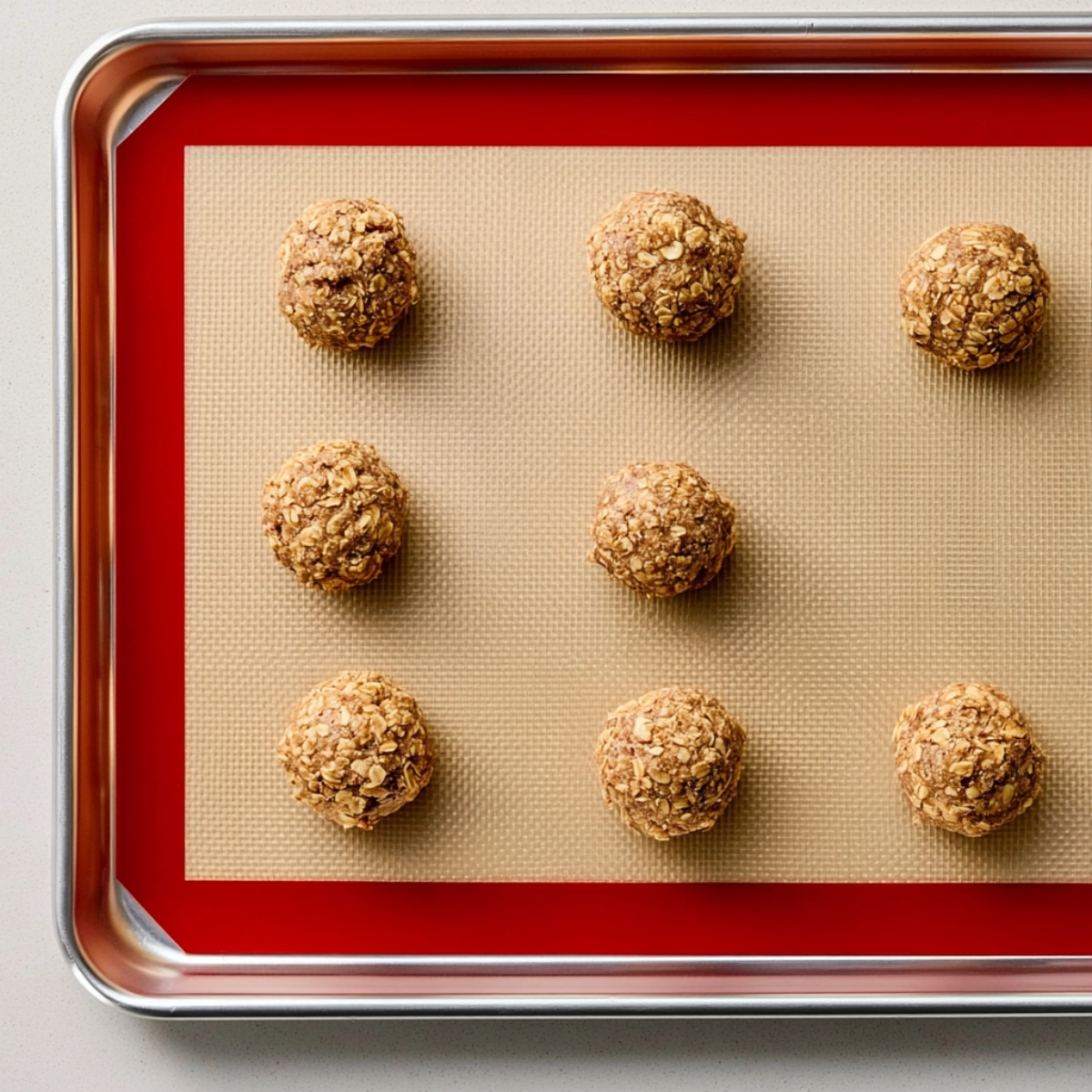 Easy Gingerbread Latte Cookies Recipe 11 Fresh gingerbread oatmeal cookie dough balls evenly spaced on a silicone-lined baking sheet, ready for baking, top-down view.