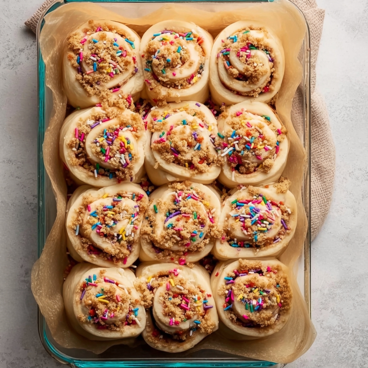 Birthday Cake Cinnamon Rolls Recipe 11 Unbaked birthday cake cinnamon rolls in a glass baking dish topped with rainbow sprinkles and crumb topping, soft dough swirls ready for baking, top view homemade bakery scene.