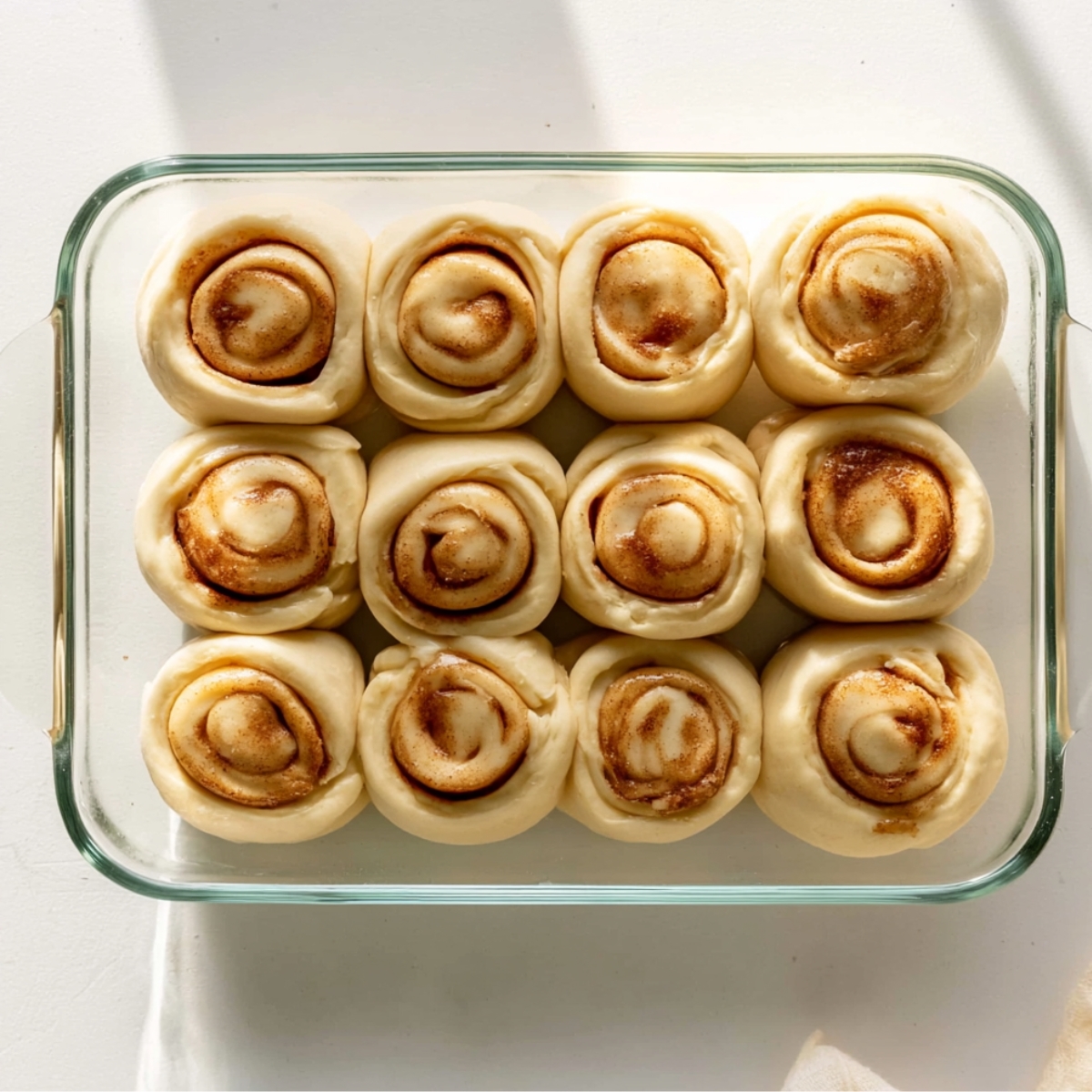Homemade Orange Sweet Rolls Recipe 11 Unbaked cinnamon rolls arranged in a glass baking dish during the second rise, showing soft, puffy dough spirals with visible cinnamon-sugar swirls on a bright white surface.