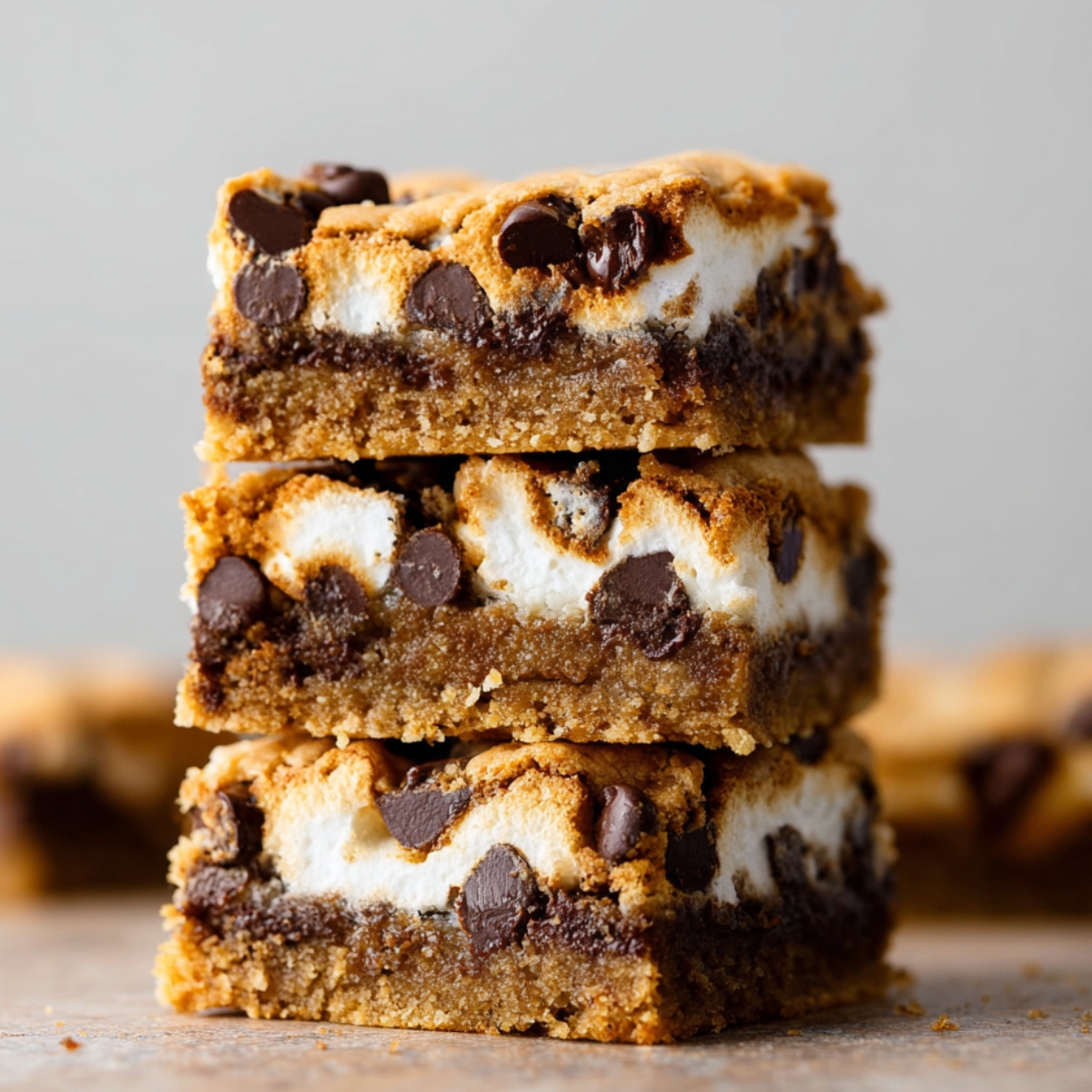 Stacked S'mores Cookie Bars with gooey marshmallow filling, melted chocolate chips, and golden graham cookie layers, close-up dessert photography showcasing rich texture and indulgent homemade treats.