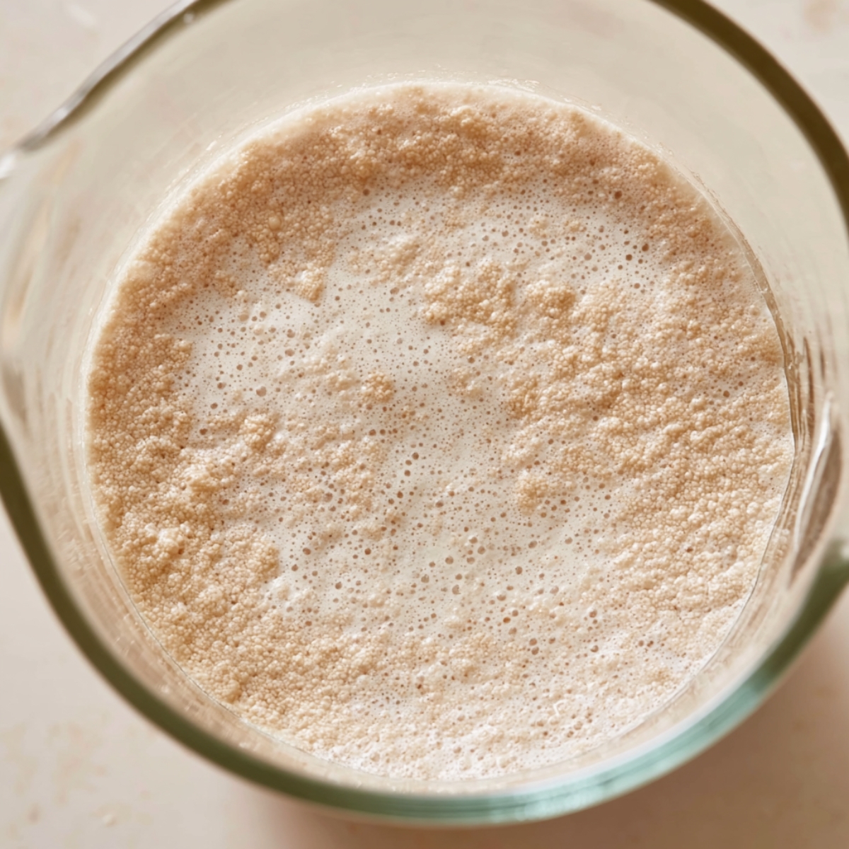 Homemade Orange Sweet Rolls Recipe 10 Close-up overhead view of activated yeast mixture in a glass measuring jug, featuring a foamy, bubbly surface ready for homemade sweet roll dough.