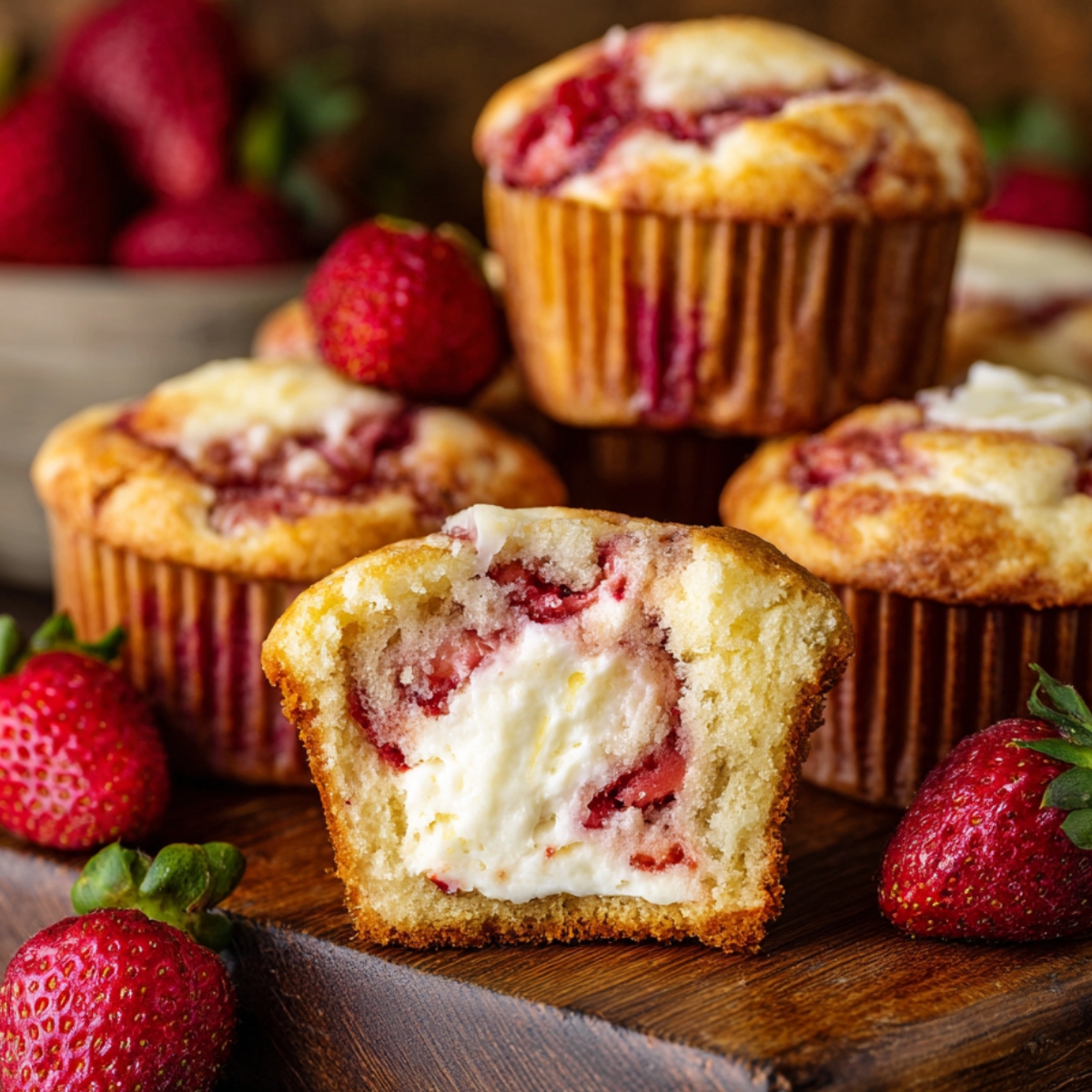 Strawberry Cream Cheese Muffins cut open to reveal a creamy cheesecake filling, surrounded by fresh strawberries and golden baked muffins.