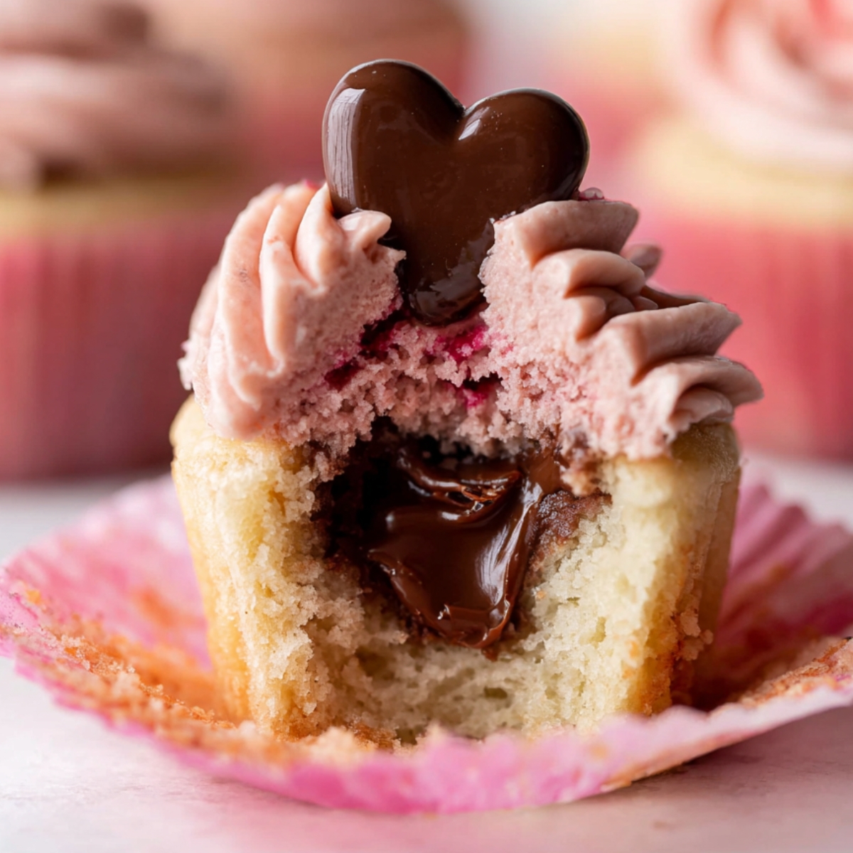 Strawberry Nutella Cupcakes with pink strawberry buttercream frosting, a chocolate heart topper, and a gooey Nutella-filled center exposed in a bite-sized cross-section.