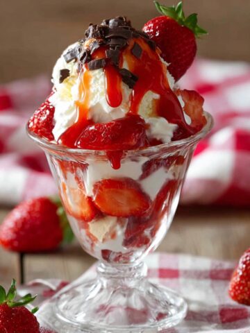 The Best Strawberry Sundaes Recipe 1 Strawberry Sundaes served in a vintage glass dessert cup with layers of vanilla ice cream, whipped cream, fresh strawberries, strawberry sauce, and chocolate shavings on a rustic table.