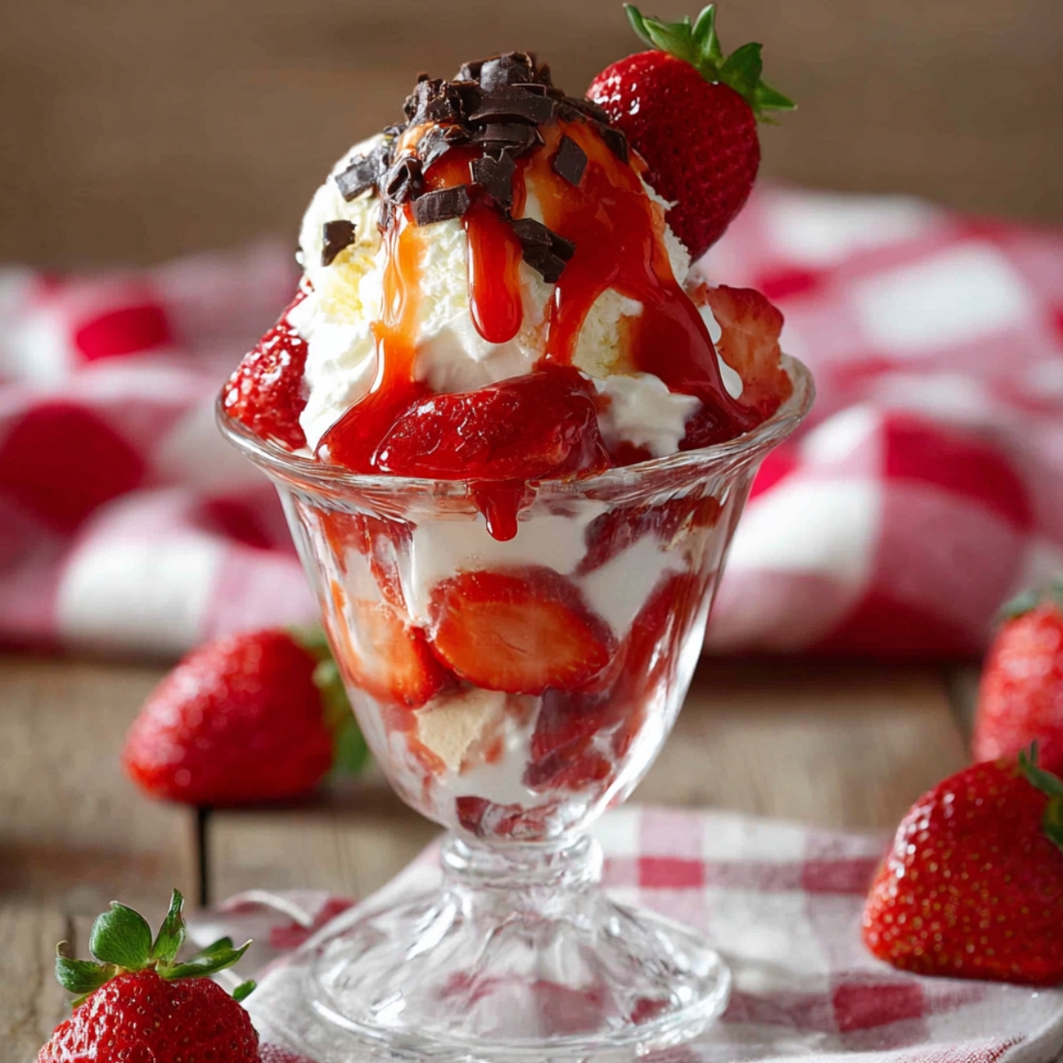 Strawberry Sundaes served in a vintage glass dessert cup with layers of vanilla ice cream, whipped cream, fresh strawberries, strawberry sauce, and chocolate shavings on a rustic table.