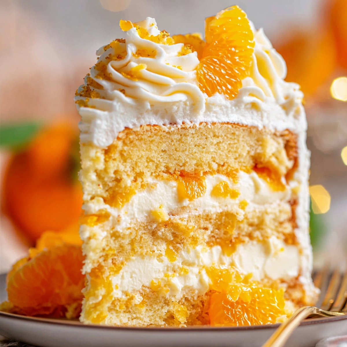 Tall slice of Sunshine Citrus Cake filled with whipped cream and mandarin oranges, topped with piped frosting and fresh orange segments on a dessert plate.