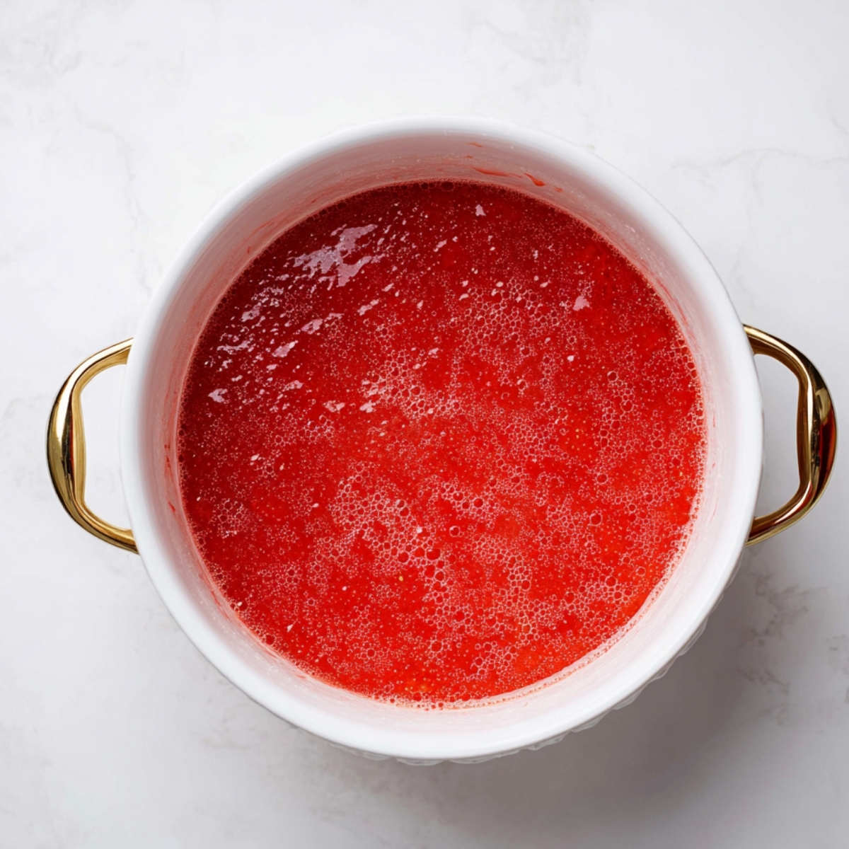 The Best Strawberry Sundaes Recipe 11 Fresh strawberry sauce simmering in a white saucepan with gold handles, showing a smooth glossy red texture and small bubbles as it thickens on a white marble countertop.