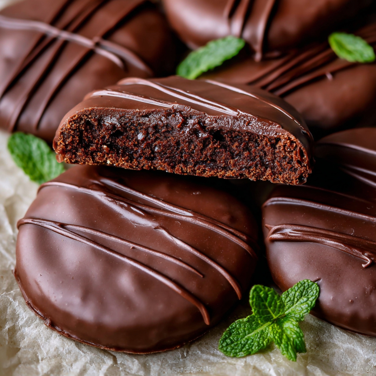 Close-up of homemade Thin Mint Cookies coated in glossy dark chocolate, one cookie sliced in half to reveal the crisp chocolate cookie center, garnished with fresh mint leaves.