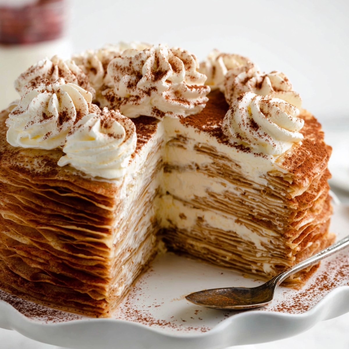 Slice-cut Tiramisu Crepe Cake showcasing dozens of delicate crepe layers filled with mascarpone cream, topped with whipped cream rosettes and cocoa powder on a white cake stand.