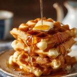 Golden Belgian waffles stacked on a plate with melting butter and maple syrup pouring over the top, crispy fluffy texture, warm breakfast food photography with cozy brunch aesthetic.