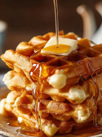 The Best Waffles Recipe 1 Golden Belgian waffles stacked on a plate with melting butter and maple syrup pouring over the top, crispy fluffy texture, warm breakfast food photography with cozy brunch aesthetic.