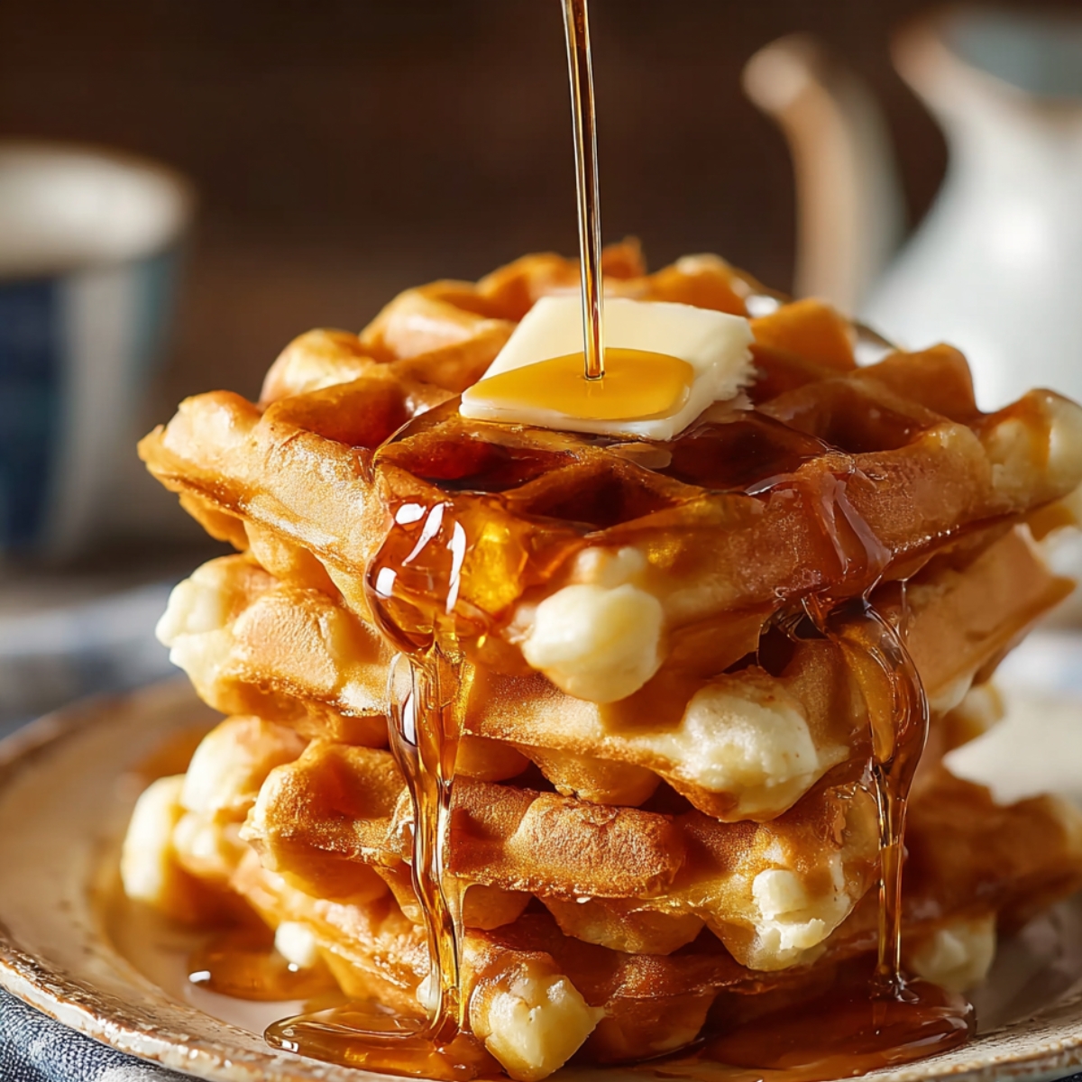 Golden Belgian waffles stacked on a plate with melting butter and maple syrup pouring over the top, crispy fluffy texture, warm breakfast food photography with cozy brunch aesthetic.