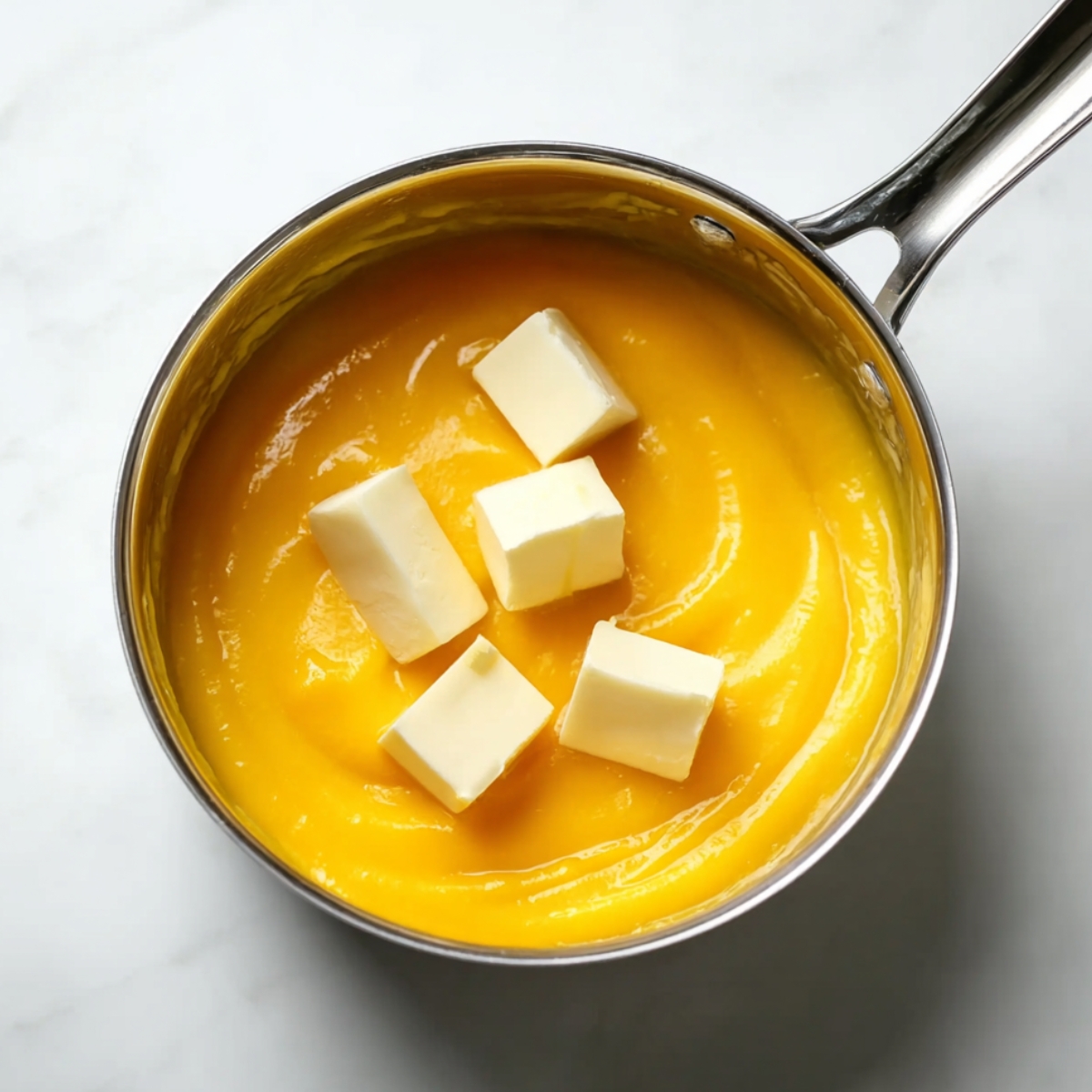 Easy Mango Curd Tart Recipe 10 Rich homemade mango curd in a stainless steel saucepan topped with cubes of butter, ready to be whisked in for a silky, glossy texture, photographed on a clean white background.