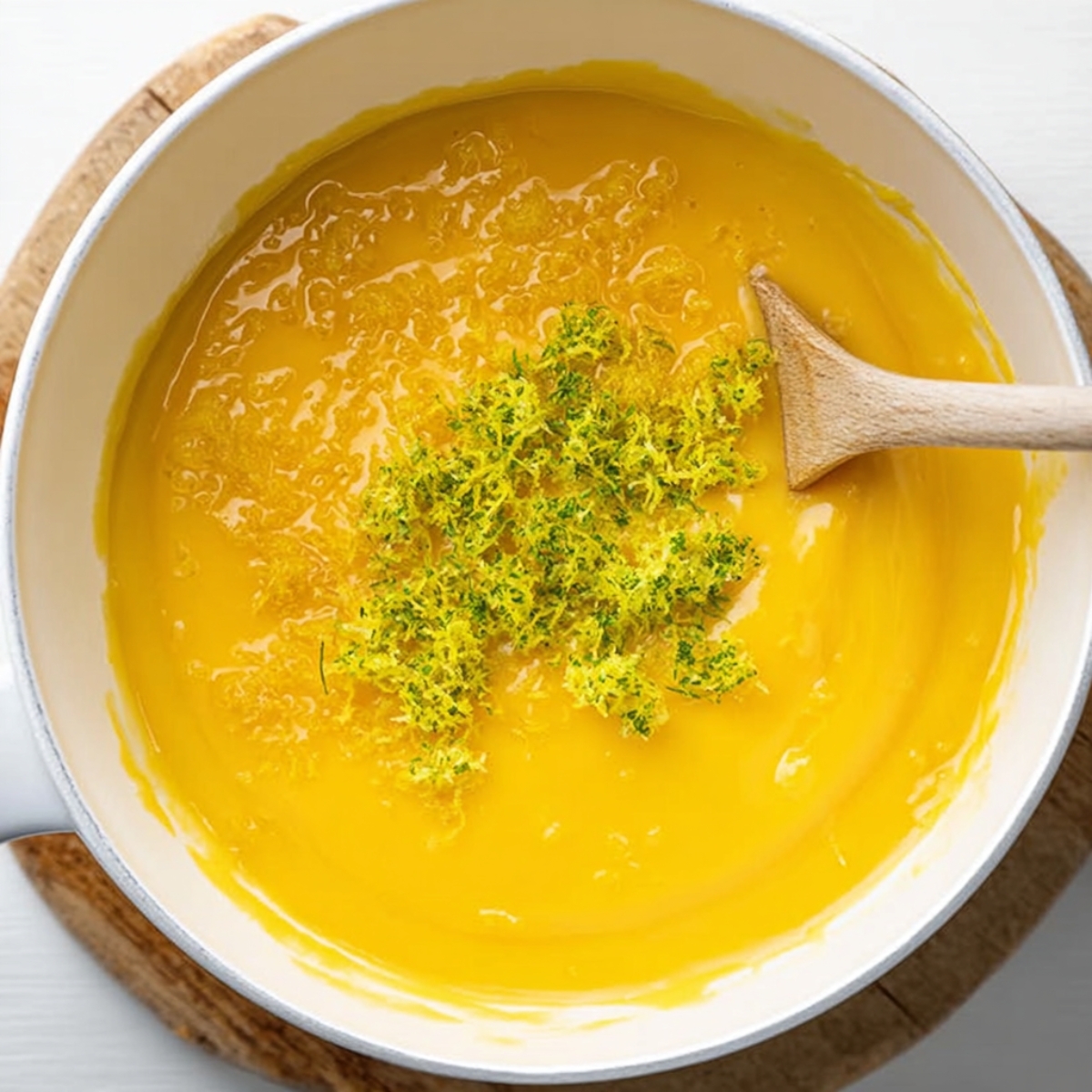 Easy Mango Mousse Cake Recipe 11 Mango curd with fresh lime zest and sugar in a saucepan, ready to be stirred into a smooth tropical filling.