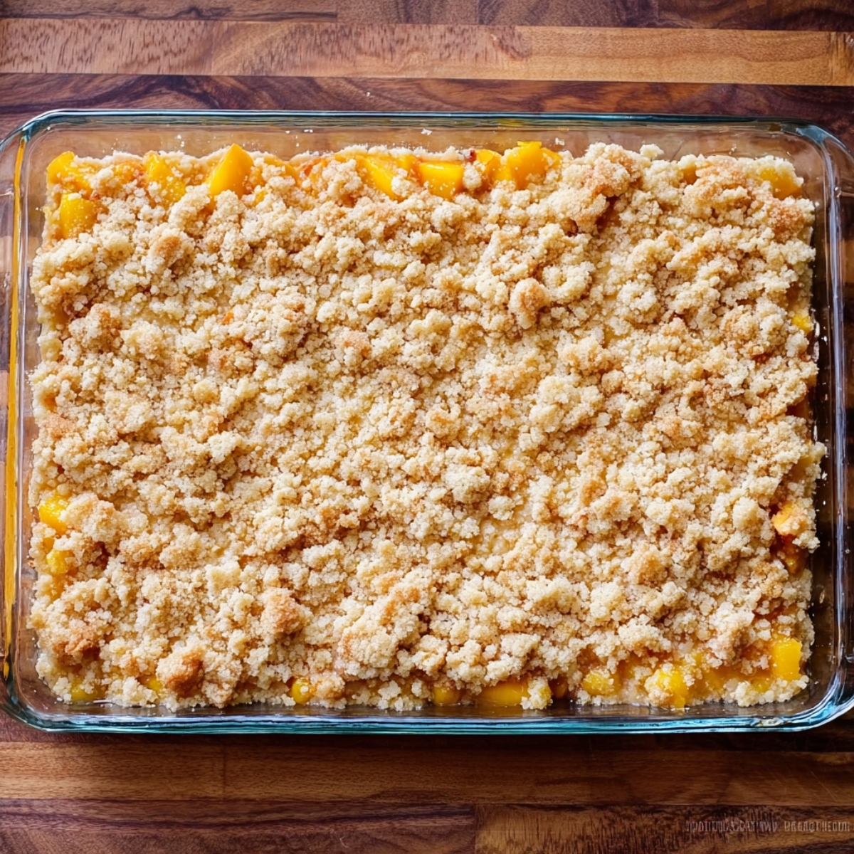 Fresh Peach Crumb Bars Recipe 11 Fresh peach crumb bars in a glass baking dish topped with a thick layer of buttery streusel before baking.