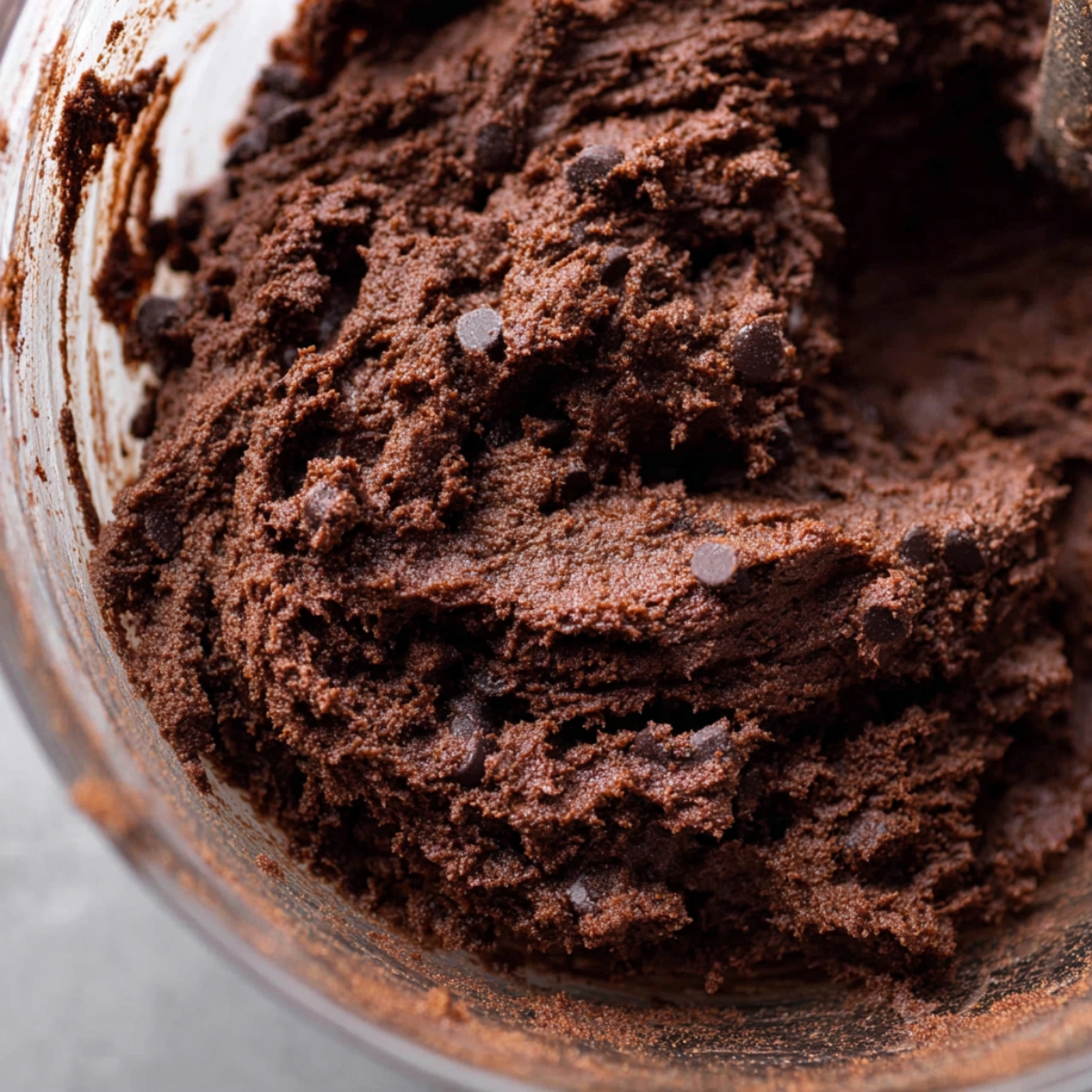 Easy French Silk Pie Cookies Recipe 10 Rich double chocolate cookie dough with Oreo crumbs and chocolate chips mixed in a glass bowl, ready for baking.