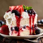 Slice of Berries and Cream Cake layered with fresh strawberries, blackberries, blueberries, whipped cream frosting, and berry sauce on a dessert plate.